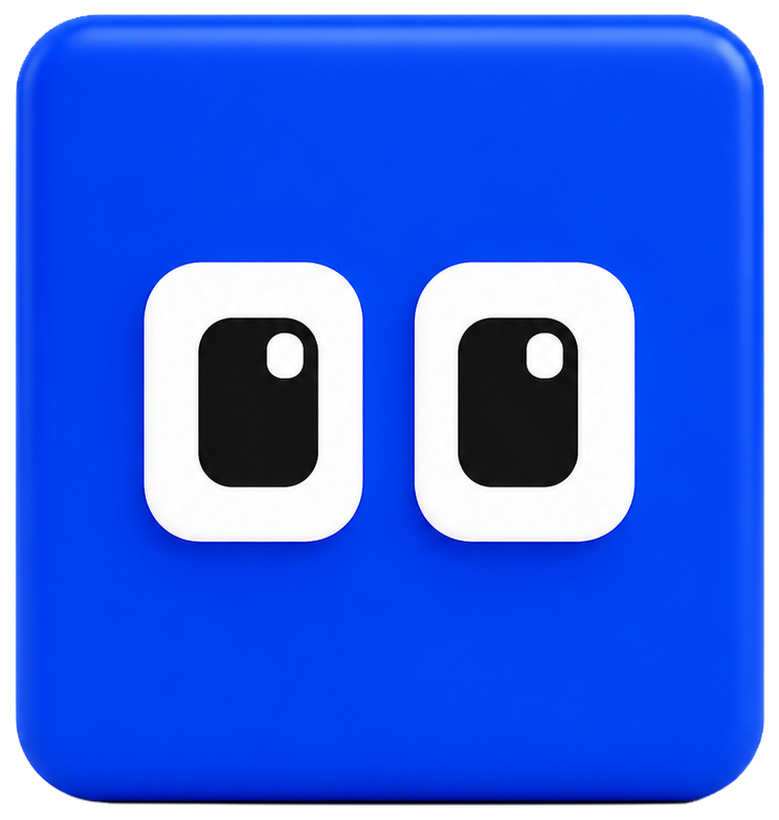 The BBI cube, a small blue mascot with two square eyes